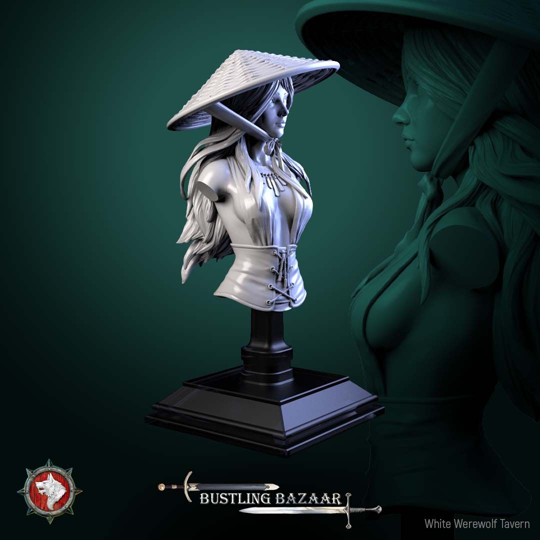 Render of Rika Sharpwind Bust | Blade Merchant Collector Bust: Kasa-hatted swordswoman merchant bust with layered wraps, from White Werewolf's Bustling Bazaar. 3D printed resin collector bust with display stand.