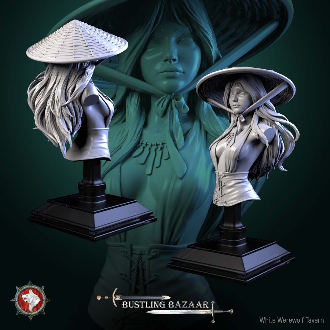 Render of Rika Sharpwind Bust | Blade Merchant Collector Bust: Kasa-hatted swordswoman merchant bust with layered wraps, from White Werewolf's Bustling Bazaar. 3D printed resin collector bust with display stand.
