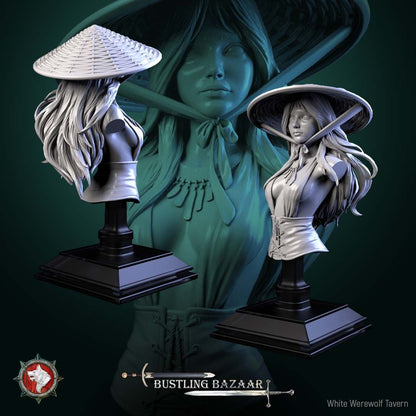 Render of Rika Sharpwind Bust | Blade Merchant Collector Bust: Kasa-hatted swordswoman merchant bust with layered wraps, from White Werewolf's Bustling Bazaar. 3D printed resin collector bust with display stand.