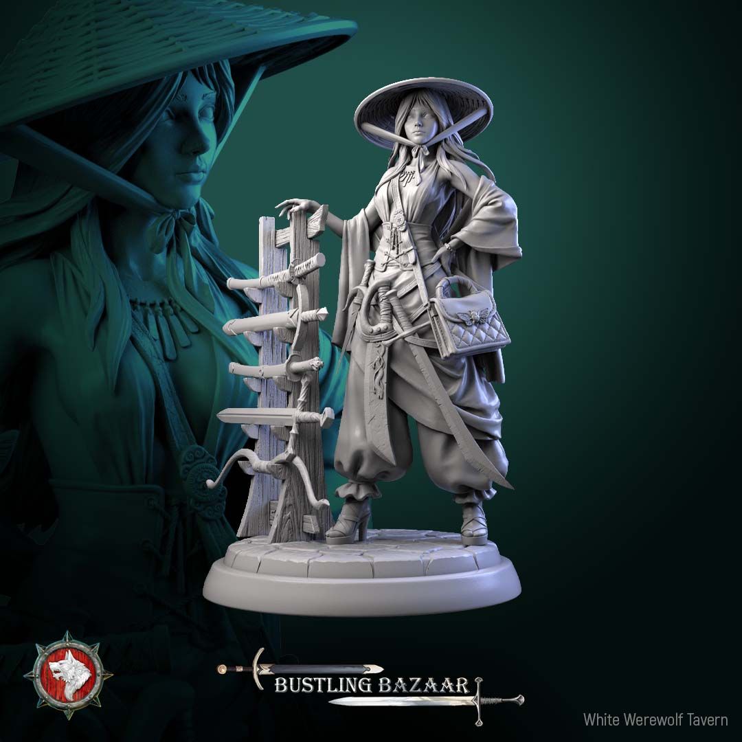 Render of Rika Sharpwind | 32-75mm Blade Merchant Miniature: Kasa-hatted swordswoman merchant with curved sword and weapon display rack, from White Werewolf's Bustling Bazaar. 32-75mm 3D printed resin miniature.