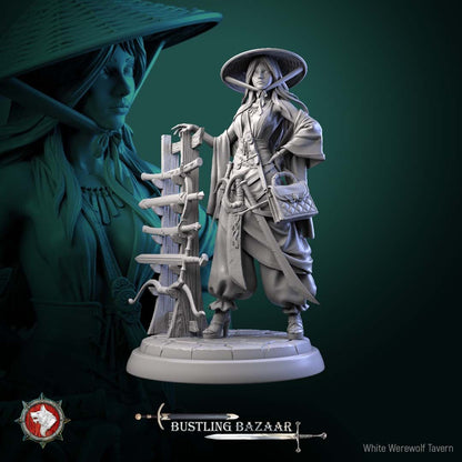 Render of Rika Sharpwind | 32-75mm Blade Merchant Miniature: Kasa-hatted swordswoman merchant with curved sword and weapon display rack, from White Werewolf's Bustling Bazaar. 32-75mm 3D printed resin miniature.