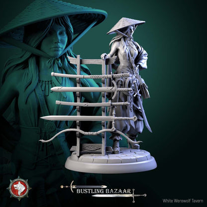 Render of Rika Sharpwind | 32-75mm Blade Merchant Miniature: Kasa-hatted swordswoman merchant with curved sword and weapon display rack, from White Werewolf's Bustling Bazaar. 32-75mm 3D printed resin miniature.
