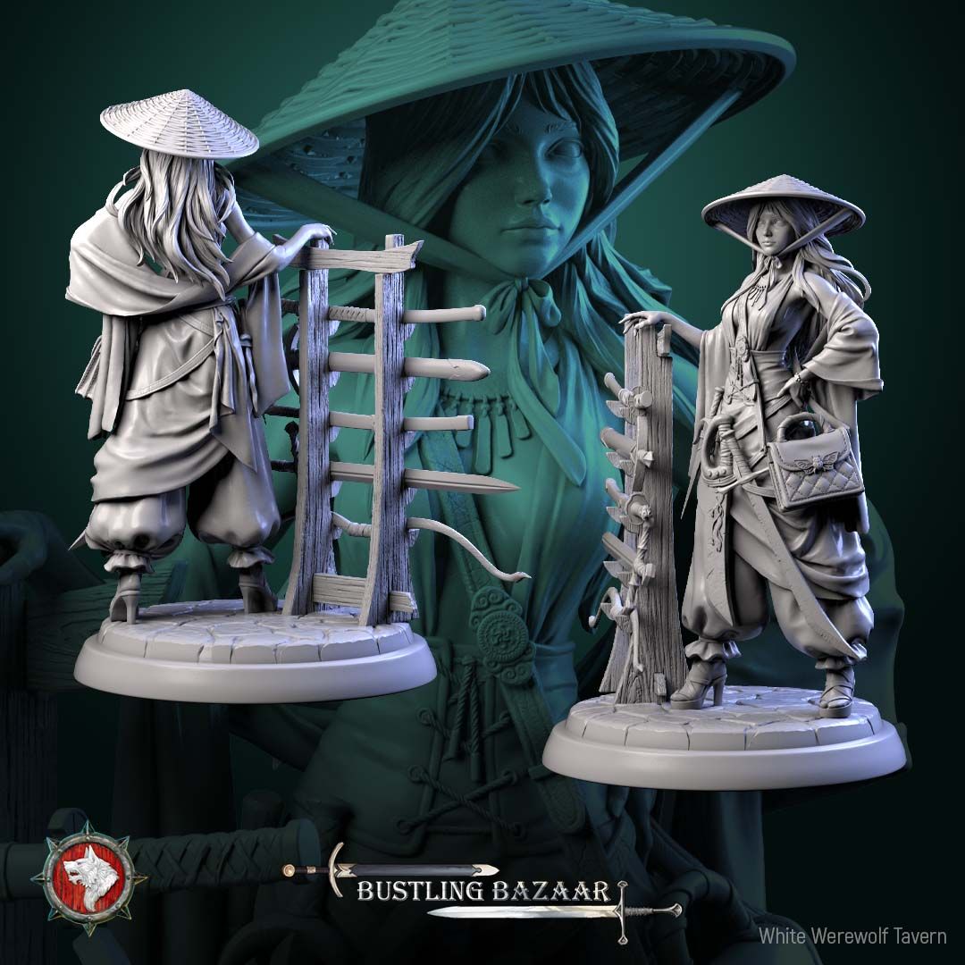 Render of Rika Sharpwind | 32-75mm Blade Merchant Miniature: Kasa-hatted swordswoman merchant with curved sword and weapon display rack, from White Werewolf's Bustling Bazaar. 32-75mm 3D printed resin miniature.