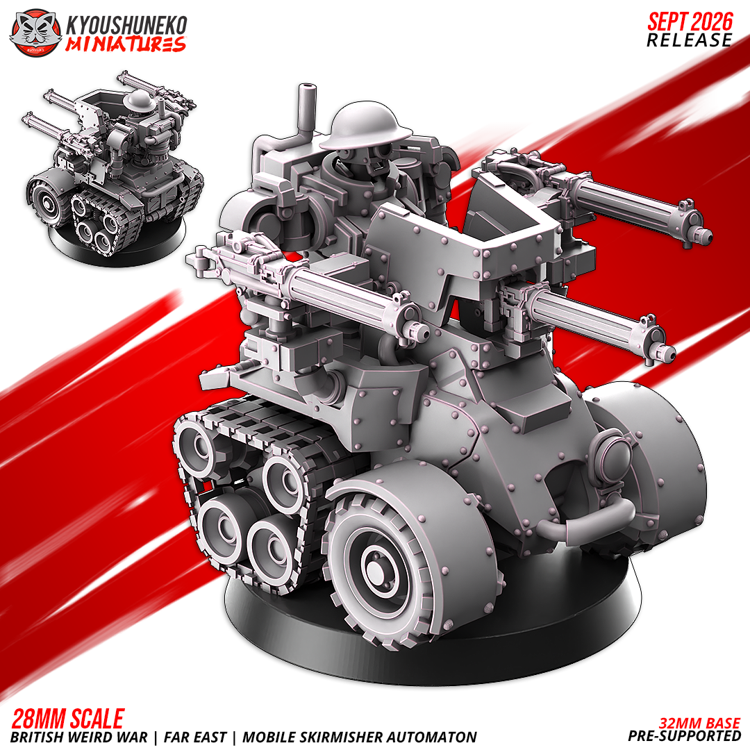 Mobile Skirmisher Automaton, a British Weird War Far East tracked carrier with an automaton driver, main machine gun and twin side machine guns, 3D printed resin miniature by Kyoushuneko.