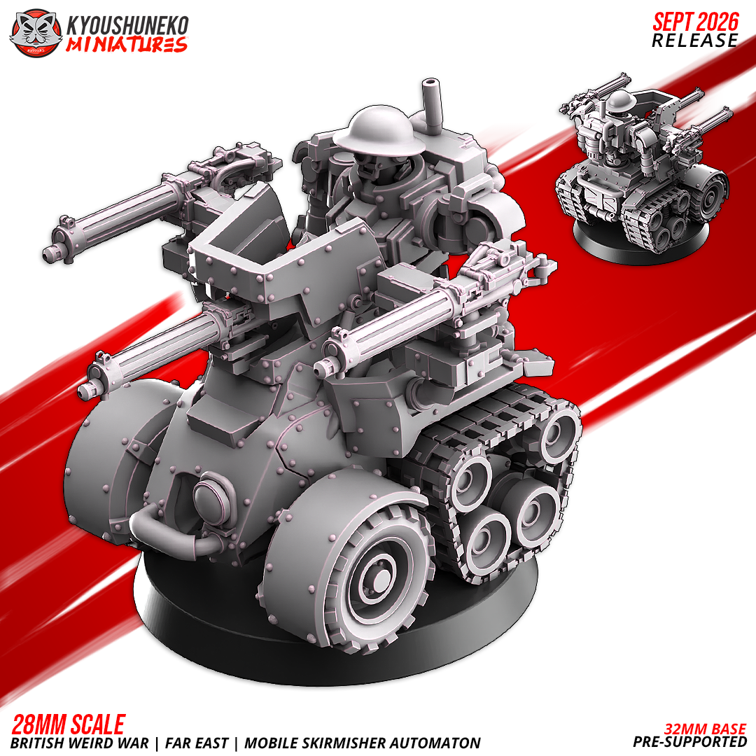 Mobile Skirmisher Automaton front three-quarter view with the gun shield and three machine guns, by Kyoushuneko.
