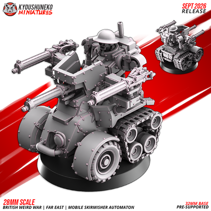 Mobile Skirmisher Automaton front three-quarter view with the gun shield and three machine guns, by Kyoushuneko.