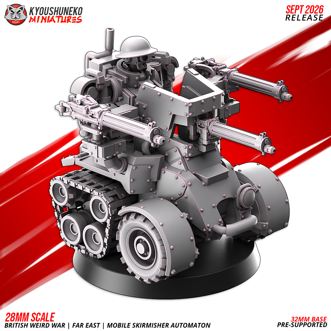 Mobile Skirmisher Automaton front view showing the automaton driver and side-mounted machine guns, by Kyoushuneko.