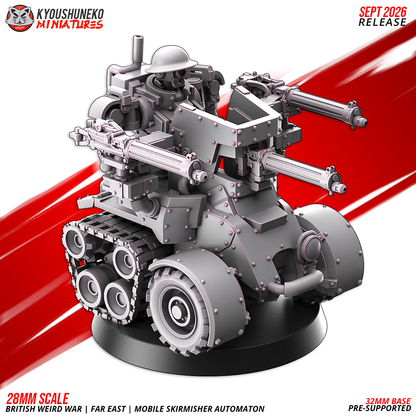 Mobile Skirmisher Automaton front view showing the automaton driver and side-mounted machine guns, by Kyoushuneko.