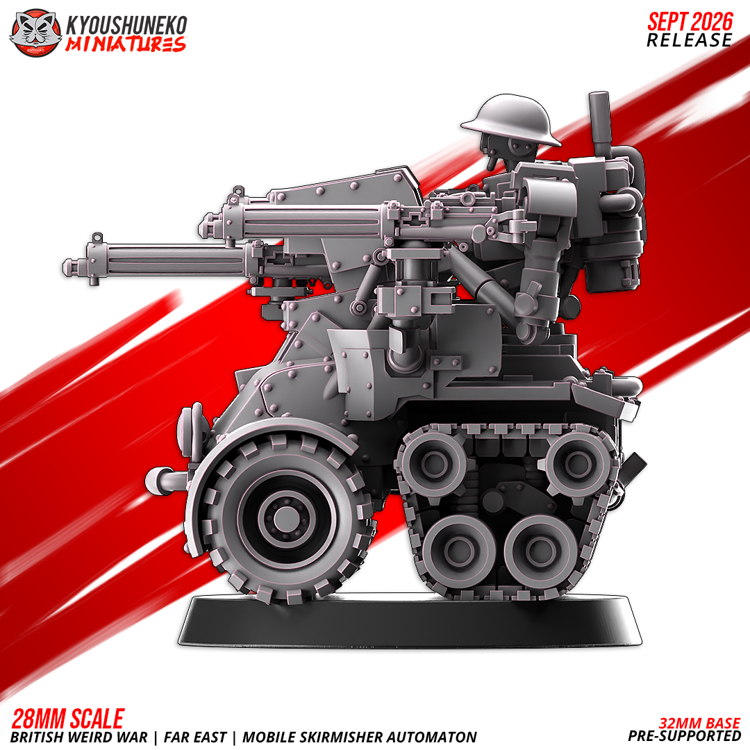 Mobile Skirmisher Automaton side profile with the machine guns run out, by Kyoushuneko.