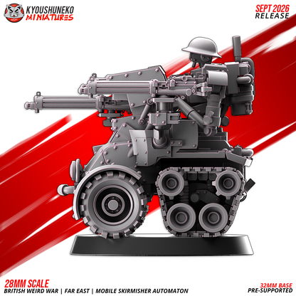 Mobile Skirmisher Automaton side profile with the machine guns run out, by Kyoushuneko.