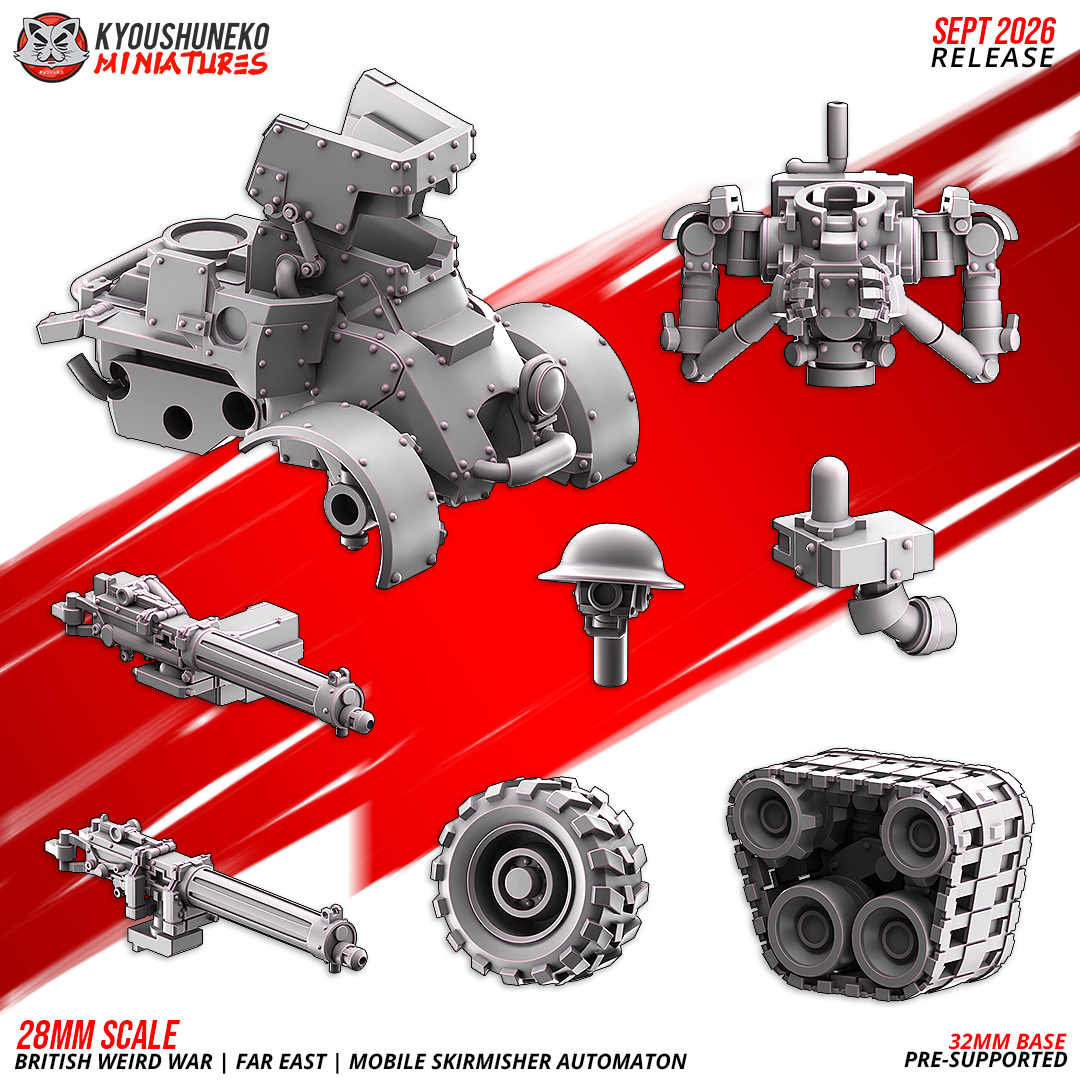Mobile Skirmisher Automaton parts sheet: hull, automaton driver, head, machine guns and mounts, track unit and wheel, by Kyoushuneko.