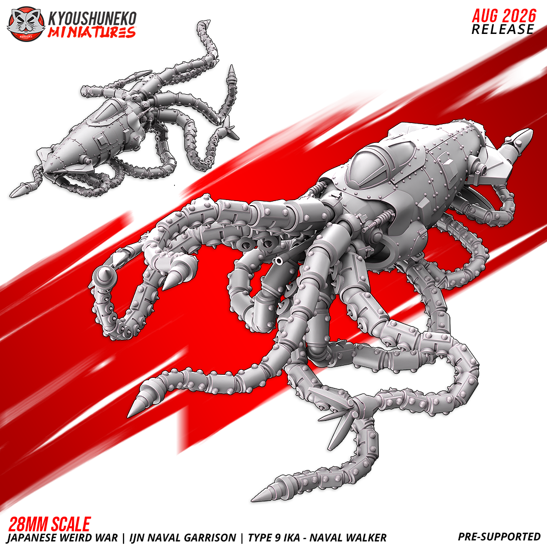 Japanese Weird War IJN Type 9 IKAW Naval Walker resin miniature, full three-quarter view of the riveted armored hull standing on six long segmented mechanical tentacles with spiked clawed tips