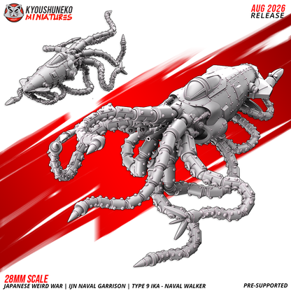 Japanese Weird War IJN Type 9 IKAW Naval Walker resin miniature, full three-quarter view of the riveted armored hull standing on six long segmented mechanical tentacles with spiked clawed tips