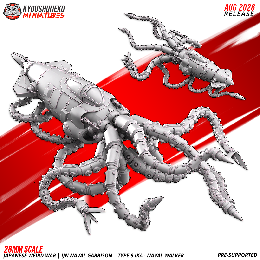 Type 9 IKAW Naval Walker miniature shown from two angles, front and rear three-quarter views highlighting the domed armored hull and the spread of segmented mechanical tentacle legs
