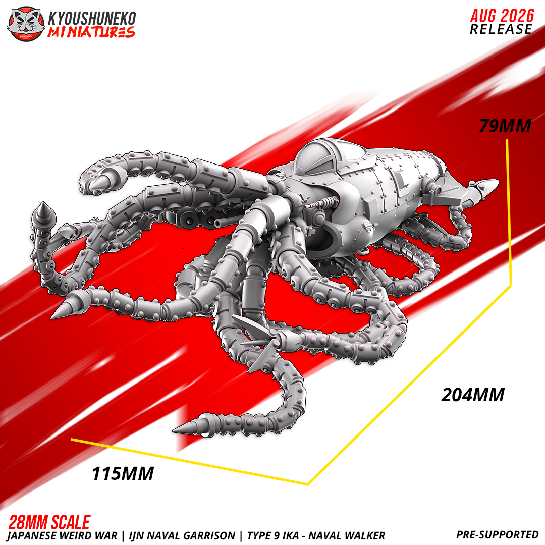 Type 9 IKAW Naval Walker miniature side profile with printed scale dimensions of 79mm tall, 204mm long and 115mm wide, showing the cockpit canopy and trailing mechanical tentacles