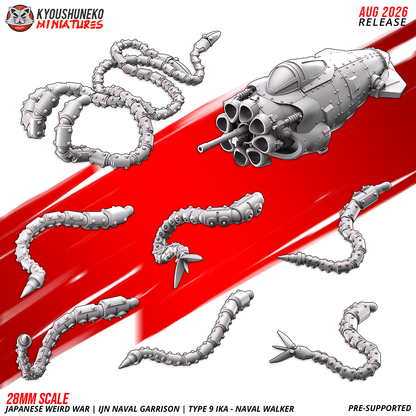 Type 9 IKAW Naval Walker component breakdown showing the armored hull with a clustered multi-barrel cannon and the separate segmented tentacle limb parts laid out