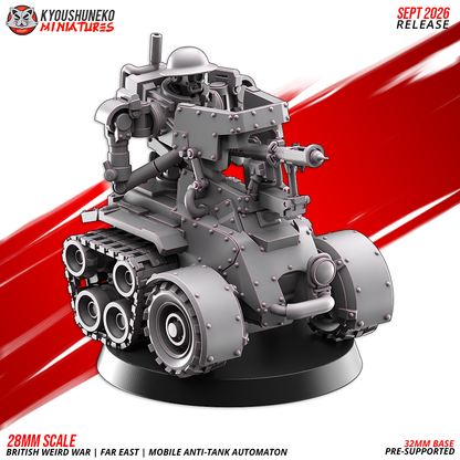 Mobile Anti-Tank Automaton front view showing the helmeted automaton driver and riveted hull armour, by Kyoushuneko.