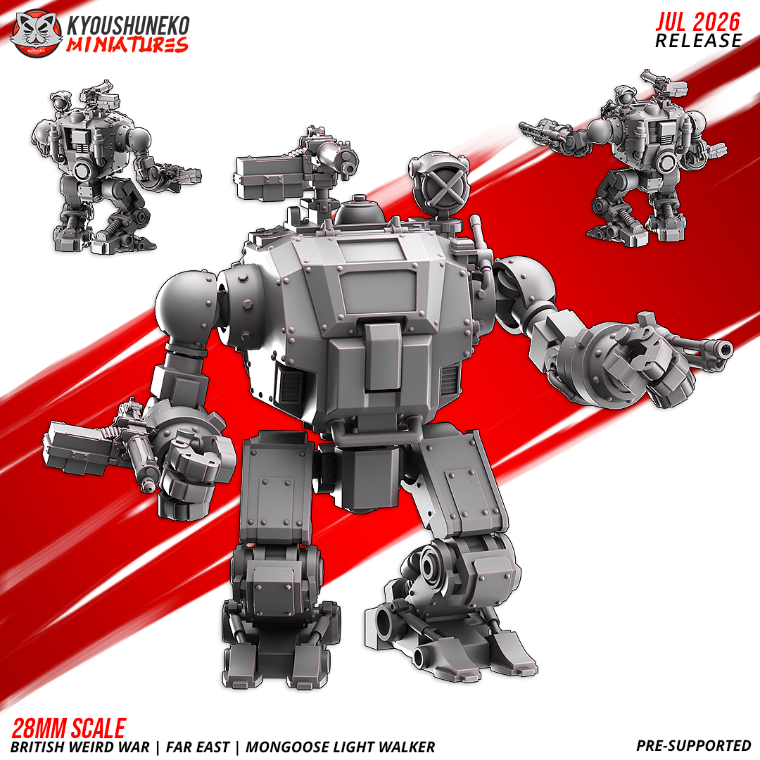 Mongoose Light Walker, a British Weird War Far East bipedal mech with interchangeable weapon arms, pintle heavy machine gun and searchlight, 3D printed resin miniature by Kyoushuneko.