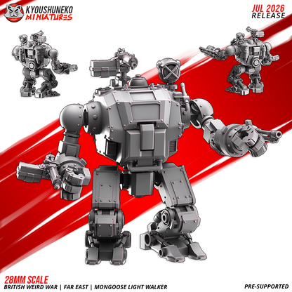Mongoose Light Walker, a British Weird War Far East bipedal mech with interchangeable weapon arms, pintle heavy machine gun and searchlight, 3D printed resin miniature by Kyoushuneko.