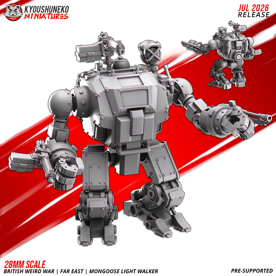 Mongoose Light Walker three-quarter view with the machine gun and fist arms fitted, by Kyoushuneko.