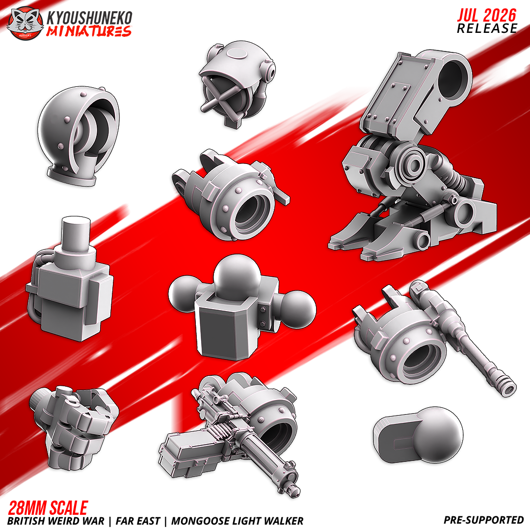 Mongoose Light Walker parts sheet: torso, hip, legs, arm connectors, weapon arms, fist and searchlight, by Kyoushuneko.