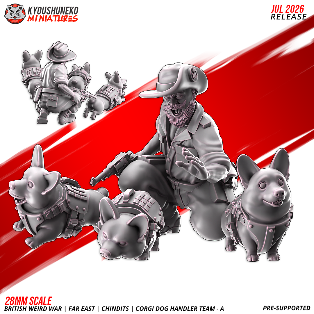 British Weird War Far East Chindit Corgi Dog Handler A and three war-corgi miniatures by Kyoushuneko