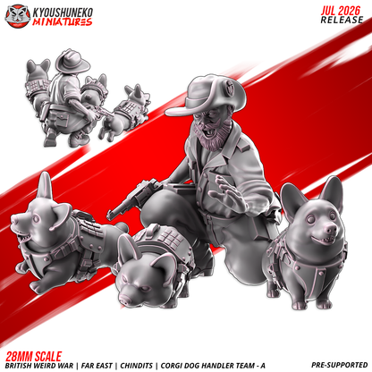 British Weird War Far East Chindit Corgi Dog Handler A and three war-corgi miniatures by Kyoushuneko