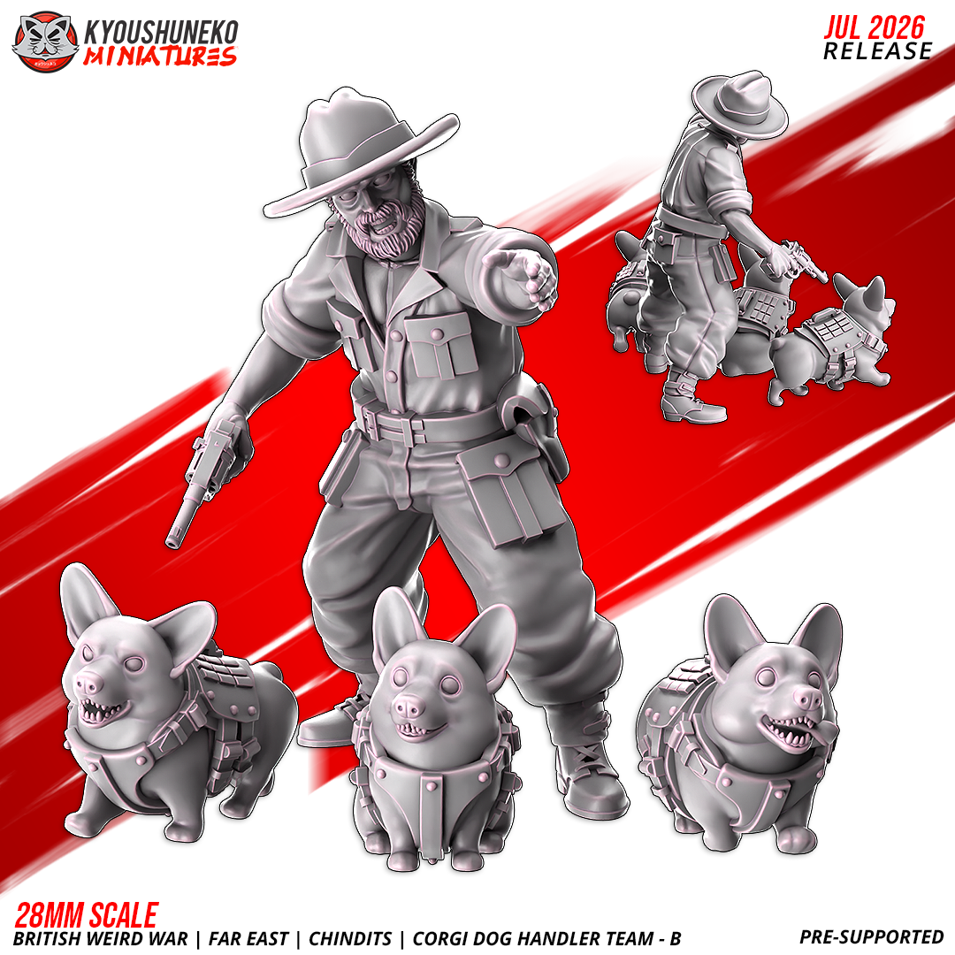 British Weird War Far East Chindit Corgi Dog Handler B and three war-corgi miniatures by Kyoushuneko