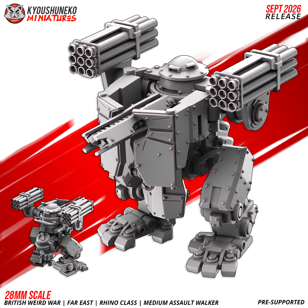 Rhino Medium Assault Walker, a British Weird War Far East bipedal mech with twin rocket pods, ram blade and commander's turret, 3D printed resin miniature by Kyoushuneko.