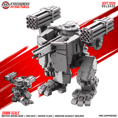 Rhino Medium Assault Walker, a British Weird War Far East bipedal mech with twin rocket pods, ram blade and commander's turret, 3D printed resin miniature by Kyoushuneko.
