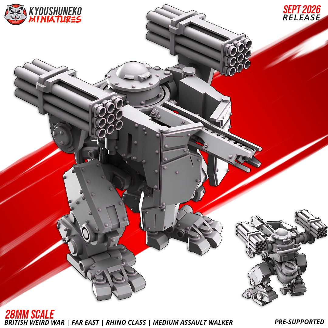 Rhino Medium Assault Walker three-quarter view with both rocket pods and the ram blade, by Kyoushuneko.