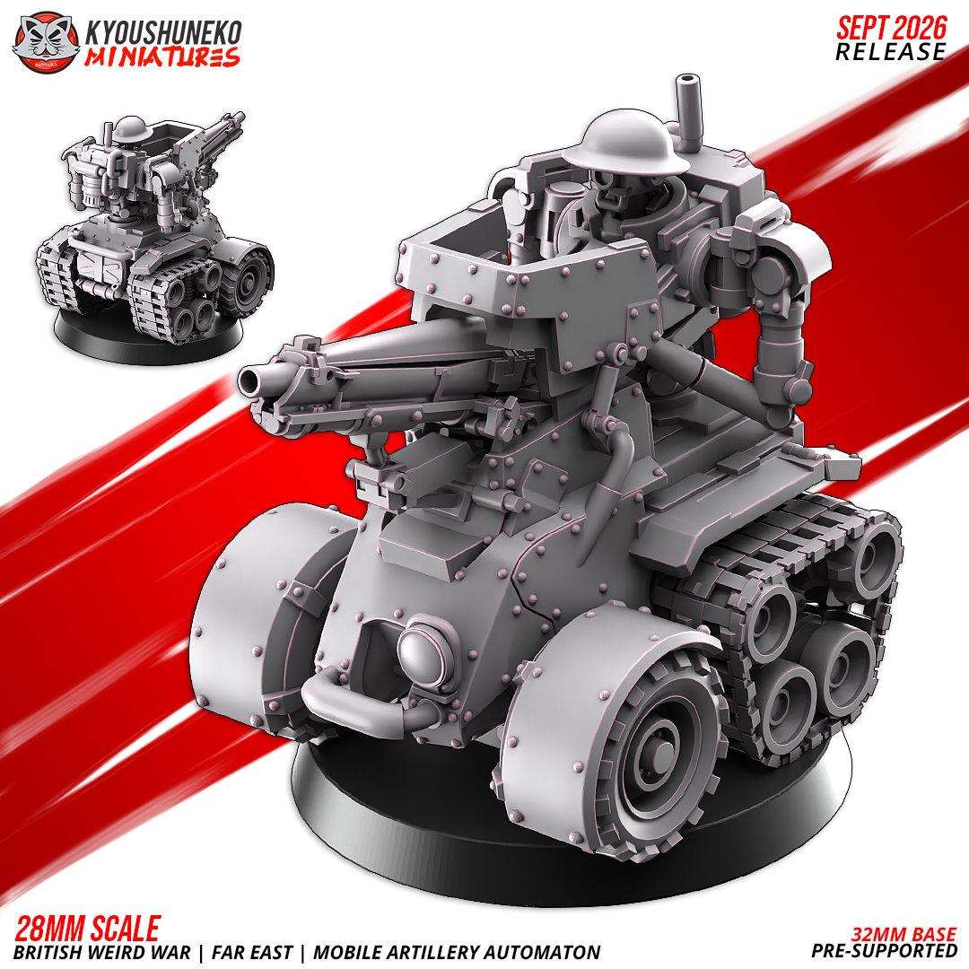 Mobile Artillery Automaton, a British Weird War Far East tracked gun carrier with an automaton driver and a hull-mounted field gun, 3D printed resin miniature by Kyoushuneko.