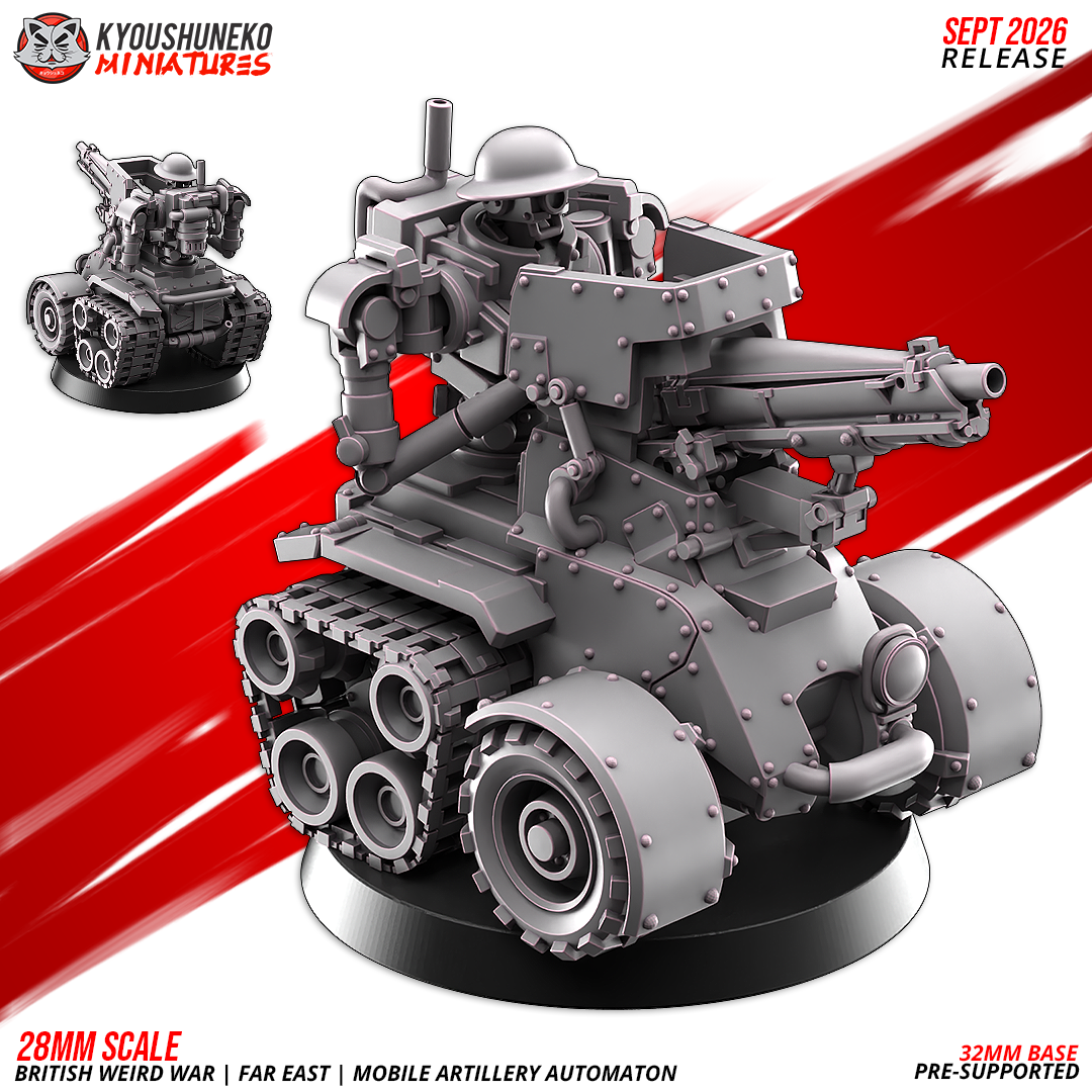 Mobile Artillery Automaton front three-quarter view with the gun shield and field gun, by Kyoushuneko.