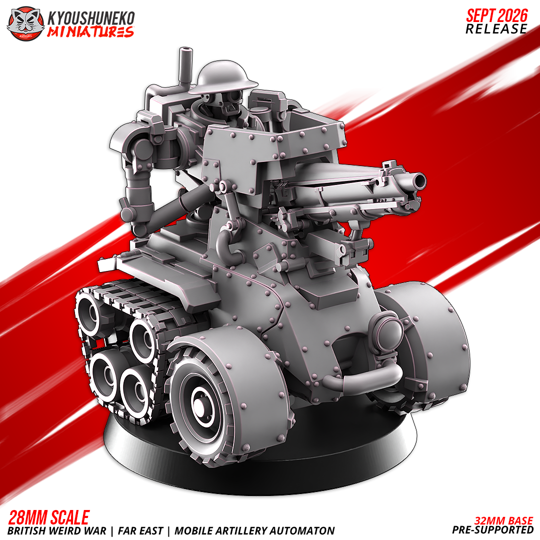 Mobile Artillery Automaton front view showing the automaton driver and the short-barrelled gun, by Kyoushuneko.