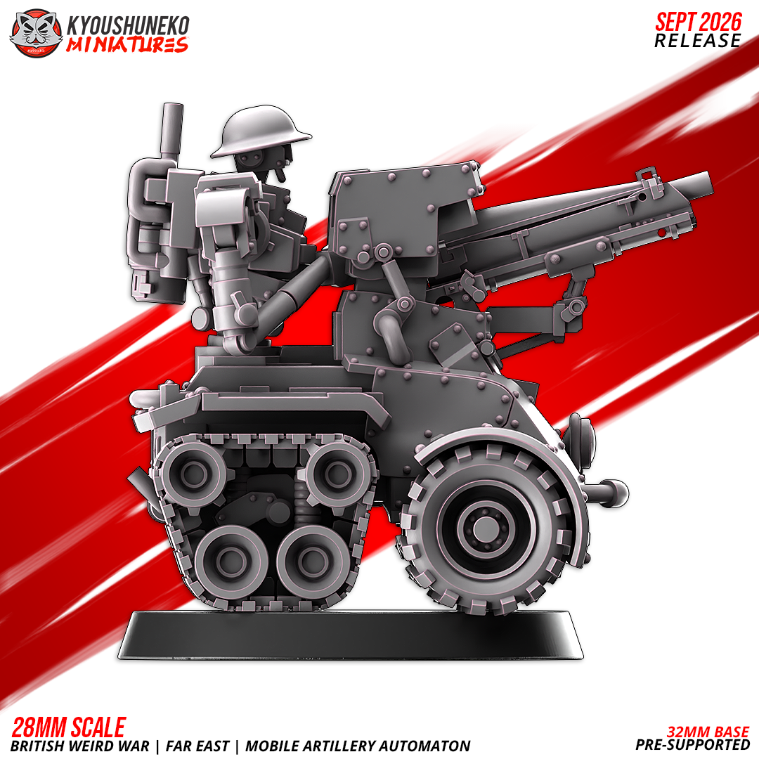 Mobile Artillery Automaton side profile with the gun and recoil tube, by Kyoushuneko.
