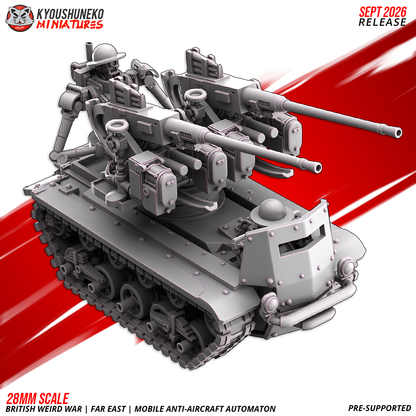 Mobile Anti-Aircraft Automaton, a British Weird War Far East tracked carrier with a twin-gun anti-aircraft turret and automaton crew, 3D printed resin miniature by Kyoushuneko.