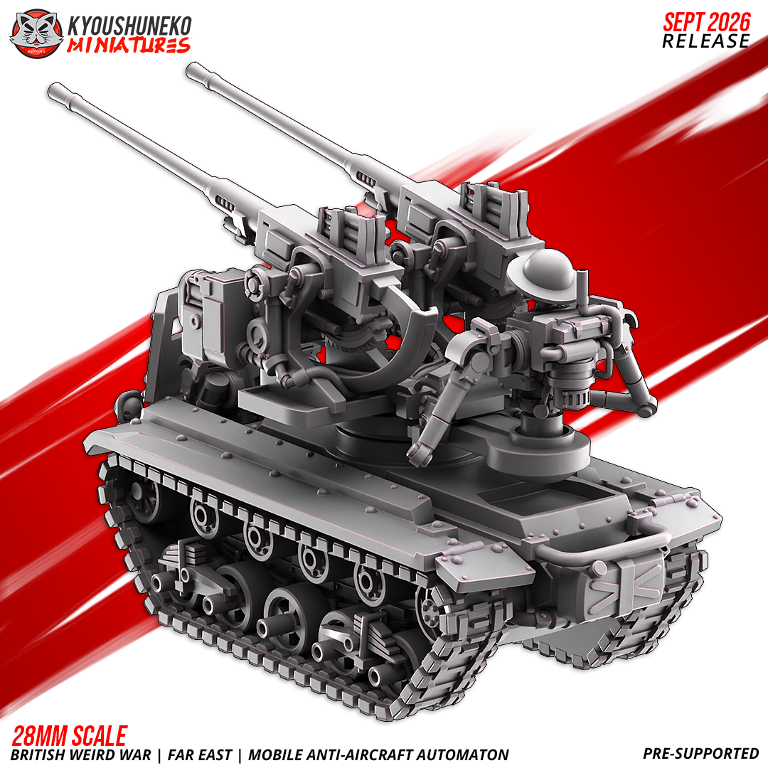 Mobile Anti-Aircraft Automaton rear three-quarter view with the twin anti-aircraft guns raised and the automaton gunner on its pedestal seat, by Kyoushuneko.