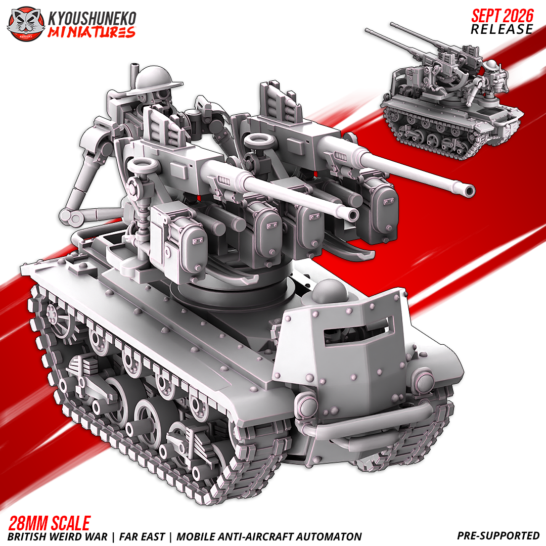 Mobile Anti-Aircraft Automaton front three-quarter view showing the riveted hull, armoured driver visor and twin-gun turret, by Kyoushuneko.