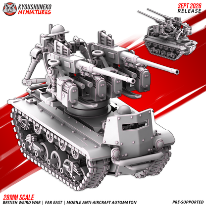 Mobile Anti-Aircraft Automaton front three-quarter view showing the riveted hull, armoured driver visor and twin-gun turret, by Kyoushuneko.