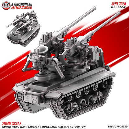 Mobile Anti-Aircraft Automaton rear view with the guns elevated and the tracked running gear, by Kyoushuneko.