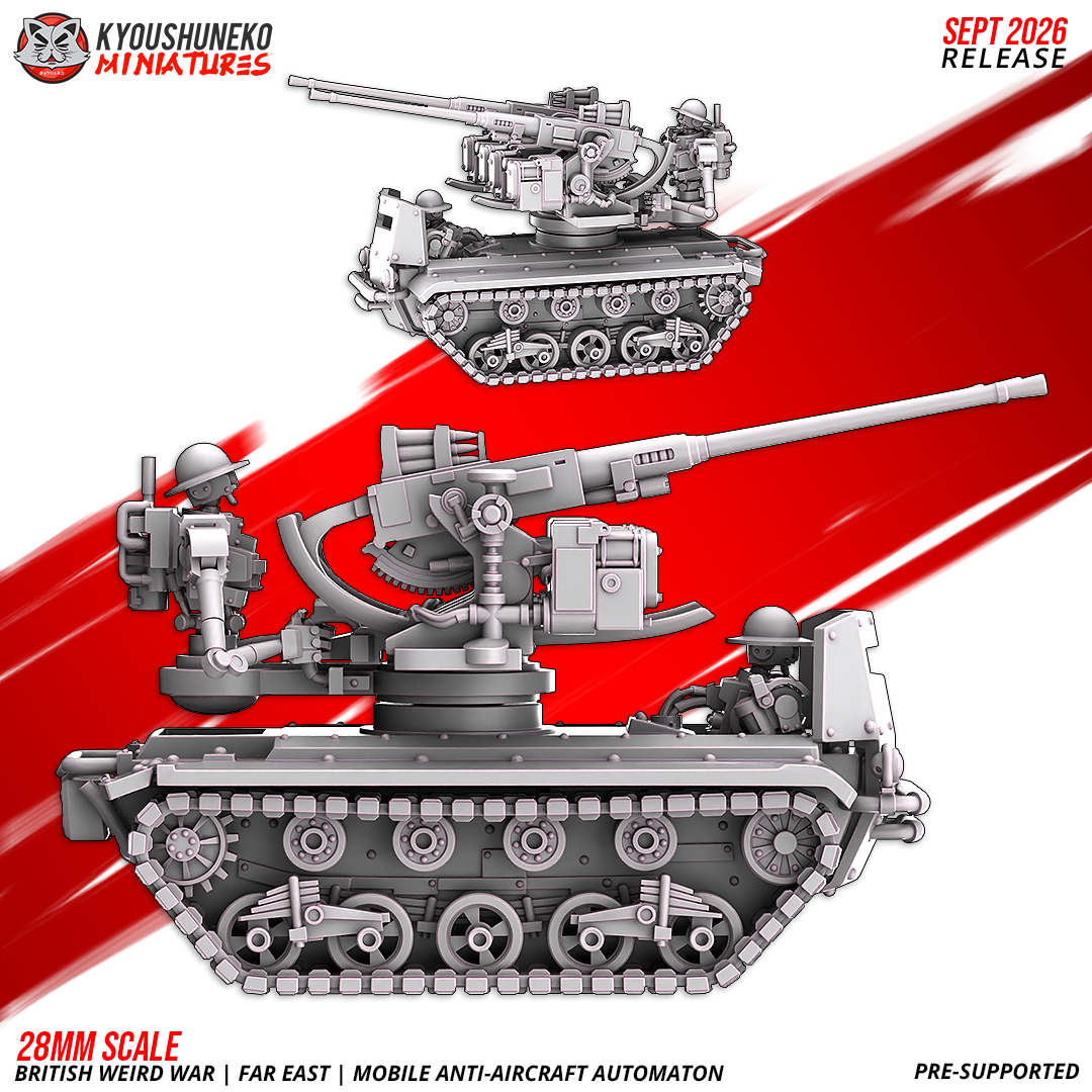 Mobile Anti-Aircraft Automaton side profile with the turret traversed and the automaton driver behind the visor, by Kyoushuneko.