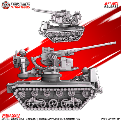 Mobile Anti-Aircraft Automaton side profile with the turret traversed and the automaton driver behind the visor, by Kyoushuneko.