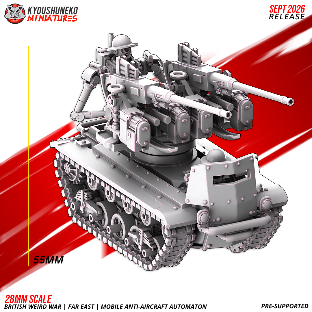 Mobile Anti-Aircraft Automaton, designer's size note: about 55 mm tall to the top of the gunner at 28mm, the original scale, by Kyoushuneko.