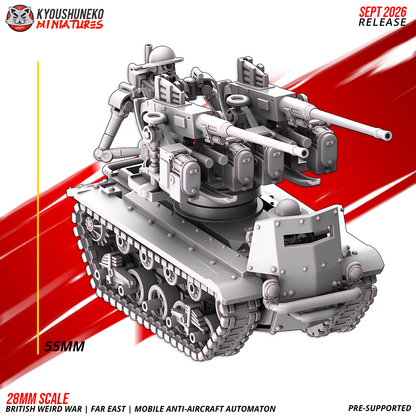 Mobile Anti-Aircraft Automaton, designer's size note: about 55 mm tall to the top of the gunner at 28mm, the original scale, by Kyoushuneko.