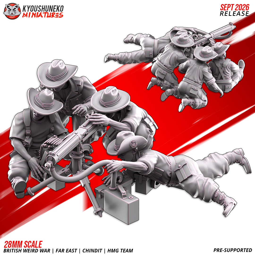 British WW2 Far East Chindit HMG team, the full set as pictured: four resin miniatures around a tripod-mounted water-cooled machine gun with ammunition boxes, by Kyoushuneko.