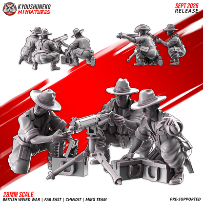 British WW2 Far East Chindit MMG team, the full set as pictured: three resin miniatures around a tripod-mounted water-cooled machine gun with ammunition boxes, by Kyoushuneko.