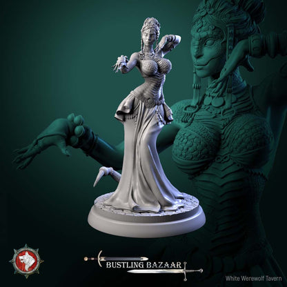 Render of Scaled Dancer Display Model | 75mm Snakefolk Performer: Scaled snakefolk dancer with jeweled headdress and coin belt on a cobble round, from White Werewolf's Bustling Bazaar. 75mm 3D printed resin display model.