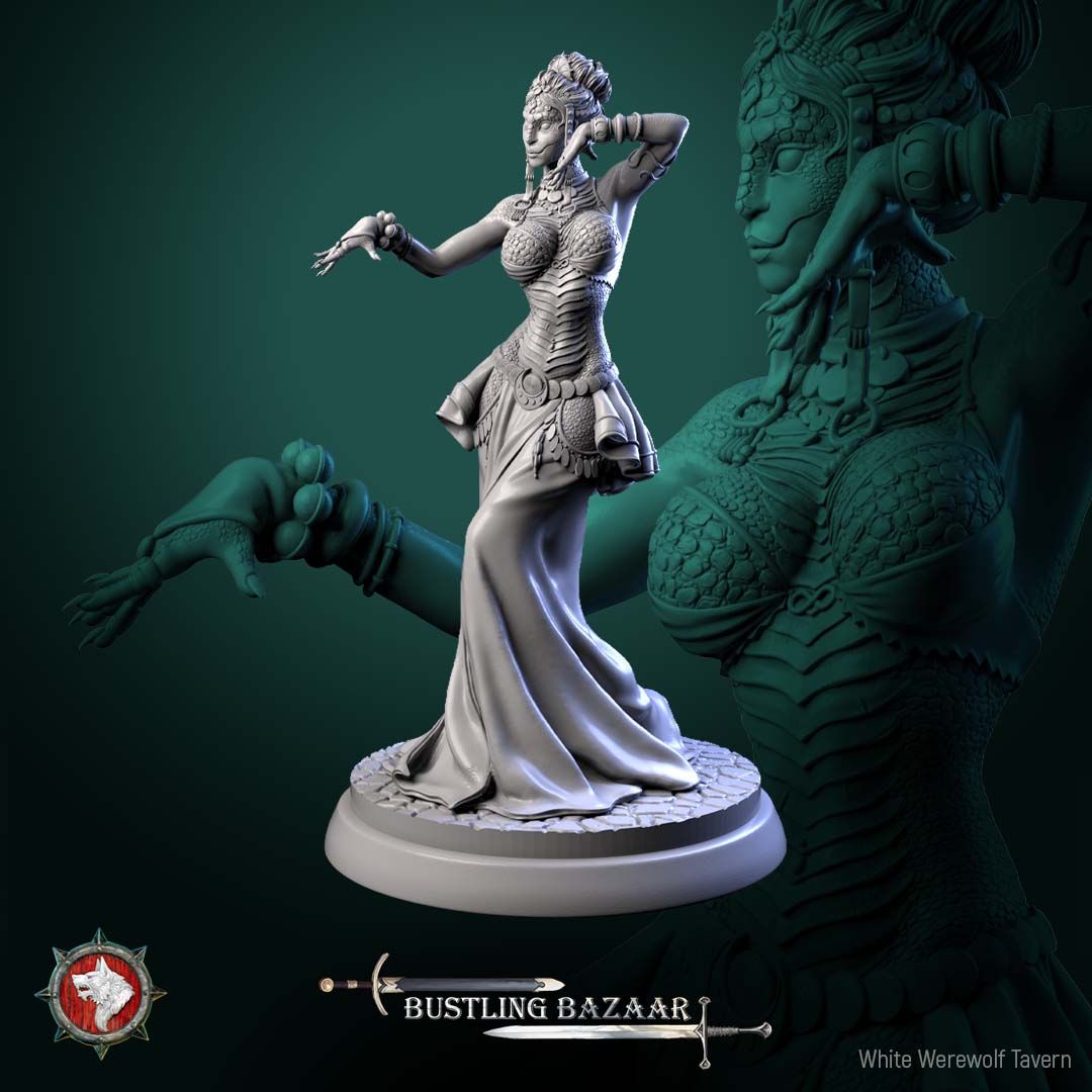 Render of Scaled Dancer Display Model | 75mm Snakefolk Performer: Scaled snakefolk dancer with jeweled headdress and coin belt on a cobble round, from White Werewolf's Bustling Bazaar. 75mm 3D printed resin display model.