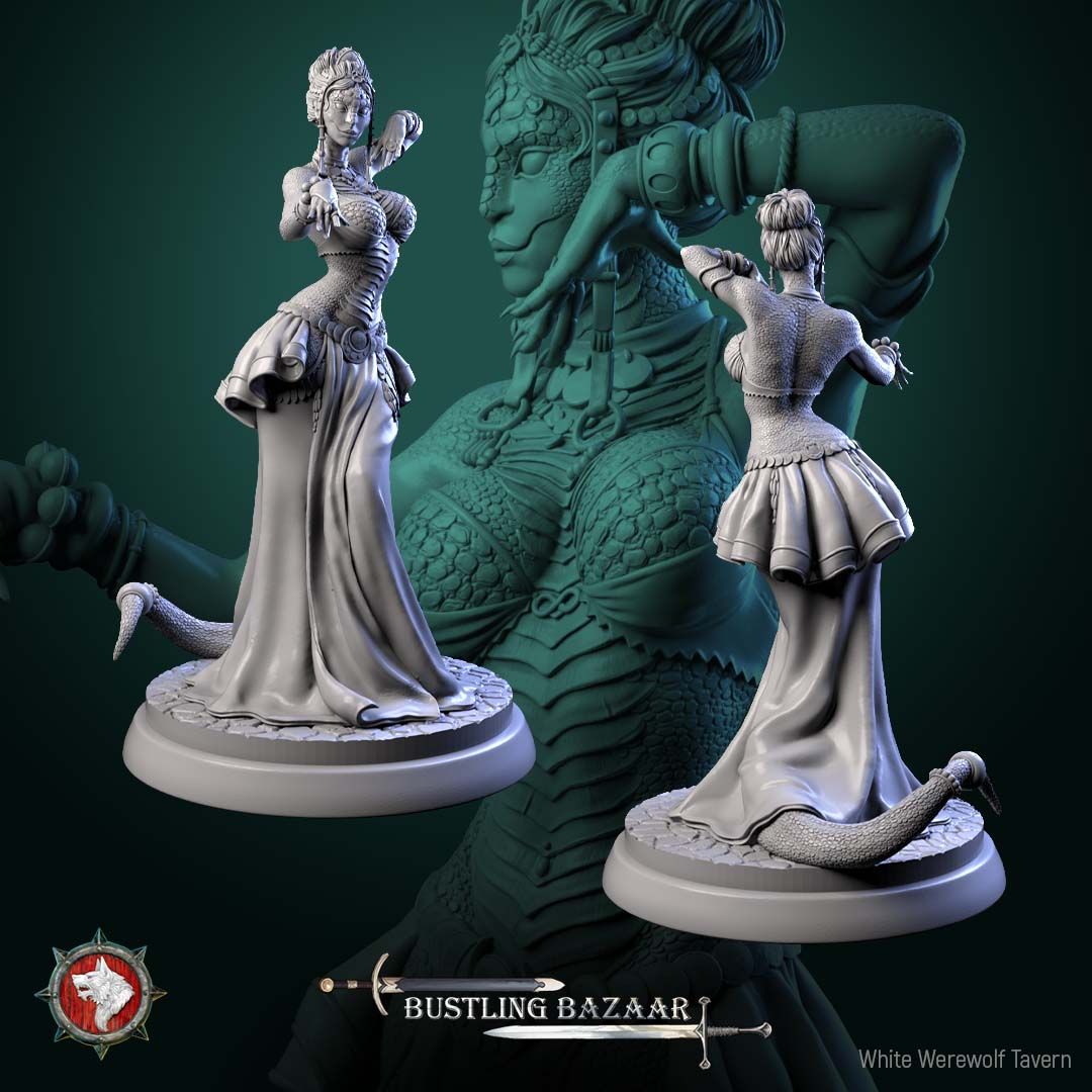 Render of Scaled Dancer Display Model | 75mm Snakefolk Performer: Scaled snakefolk dancer with jeweled headdress and coin belt on a cobble round, from White Werewolf's Bustling Bazaar. 75mm 3D printed resin display model.