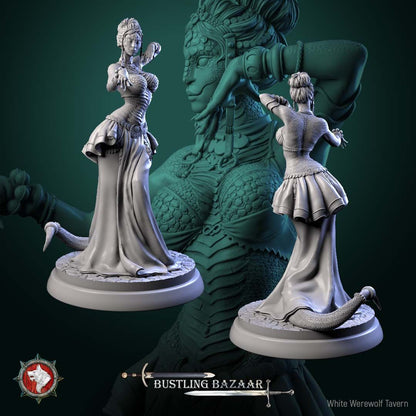 Render of Scaled Dancer Display Model | 75mm Snakefolk Performer: Scaled snakefolk dancer with jeweled headdress and coin belt on a cobble round, from White Werewolf's Bustling Bazaar. 75mm 3D printed resin display model.